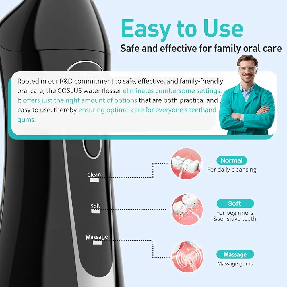 COSLUS Water Dental Flosser Teeth Pick C20: ADA Accepted, Portable Cordless Oral Irrigator 300ML Rechargeable Travel Irrigation Cleaner IPX7 Waterproof Electric Flossing Machine for Teeth, Black