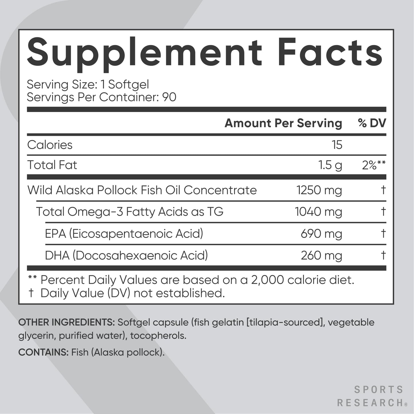 Sports Research® Omega-3 Fish Oil 1250mg from Wild Alaska Pollock, 30 Count | Always Fresh Never Fishy | 690mg EPA 260mg DHA per Softgel · Heart & Brain Health* · MSC Certified Sustainable - 30 Servings