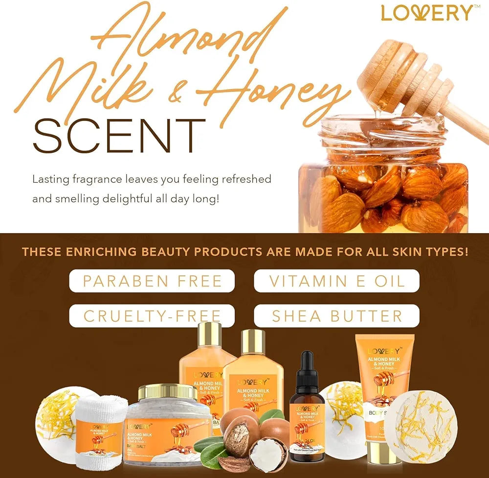 Almond Milk & Honey 10-Piece Spa Gift Basket for Women - Self Care Bath & Body Pampering Set