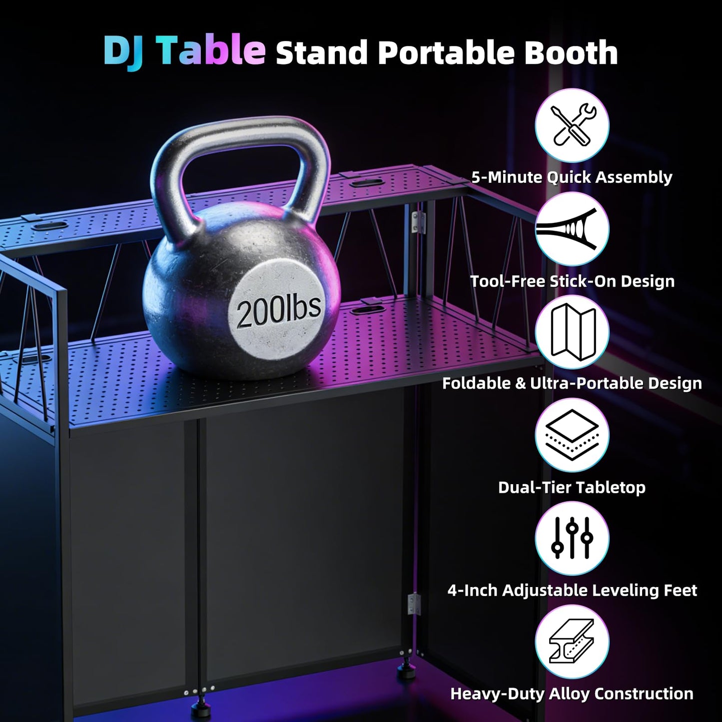 Portable DJ Booth Facade Stand, DJ Table Stand, DJ Facade Booth with White & Black Scrims, Includes Carry Bag & Two Top Corners Table, Tool-Free Setup, for Parties, Events, Studios (40"L x 20"W)