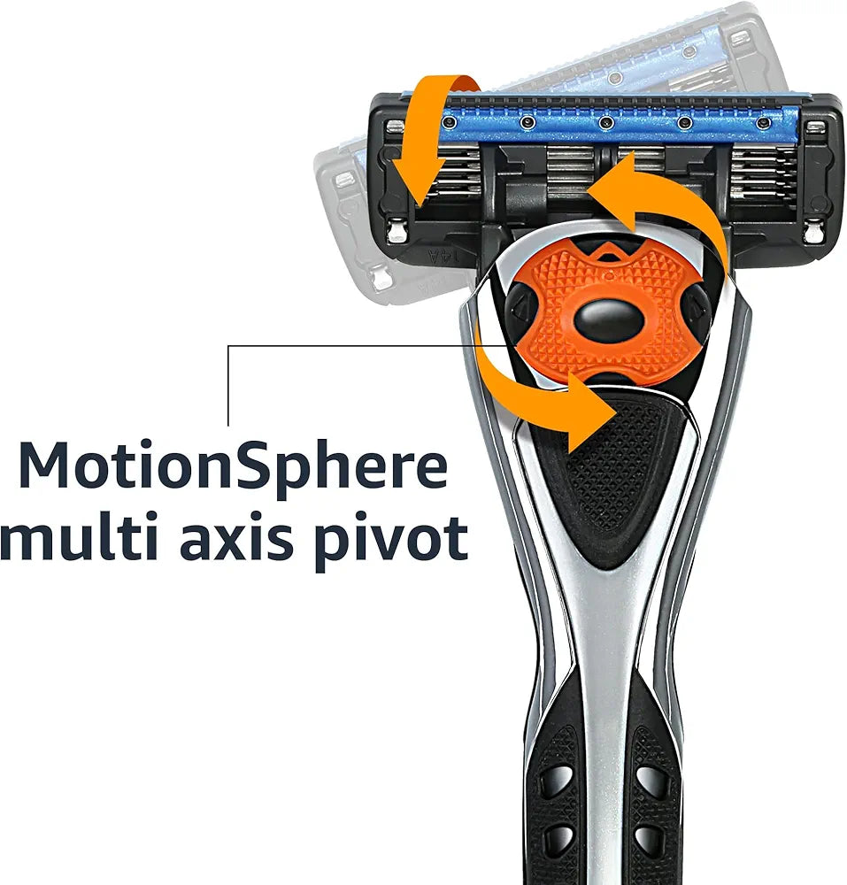 Amazon Basics 5-Blade MotionSphere Men's Razor with Dual Lubrication, Vitamin E, Precision Trimmer, 1 Handle & 16 Cartridges, Black