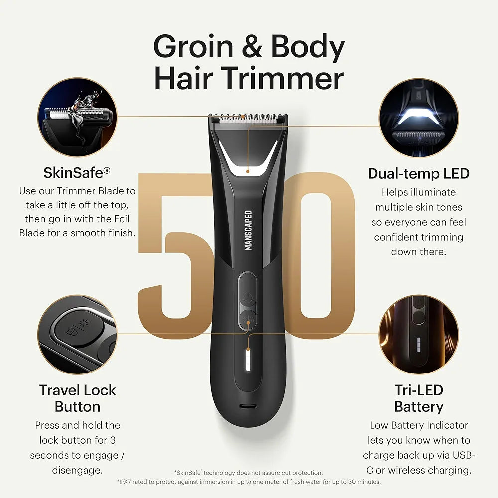 MANSCAPED® The Lawn Mower® 5.0 Ultra Groin & Body Hair Trimmer – Dual-Head SkinSafe® Trimmer & Foil Blades, Waterproof Wet/Dry Groomer, USB-C Rechargeable with Travel Case, Men’s Ball Shaver, Black
