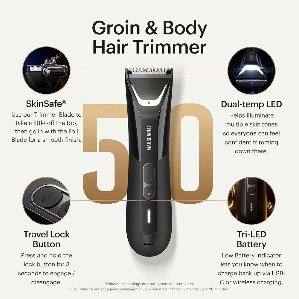 MANSCAPED The Lawn Mower 5.0 Ultra Groin & Body Hair Trimmer – Professional Waterproof Wet/Dry Groomer with Dual-Head SkinSafe Blades, USB-C Rechargeable, and Travel Case