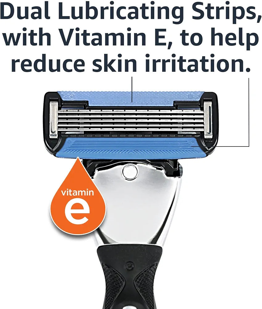 Amazon Basics 5-Blade MotionSphere Men's Razor with Dual Lubrication, Vitamin E, Precision Trimmer, 1 Handle & 16 Cartridges, Black