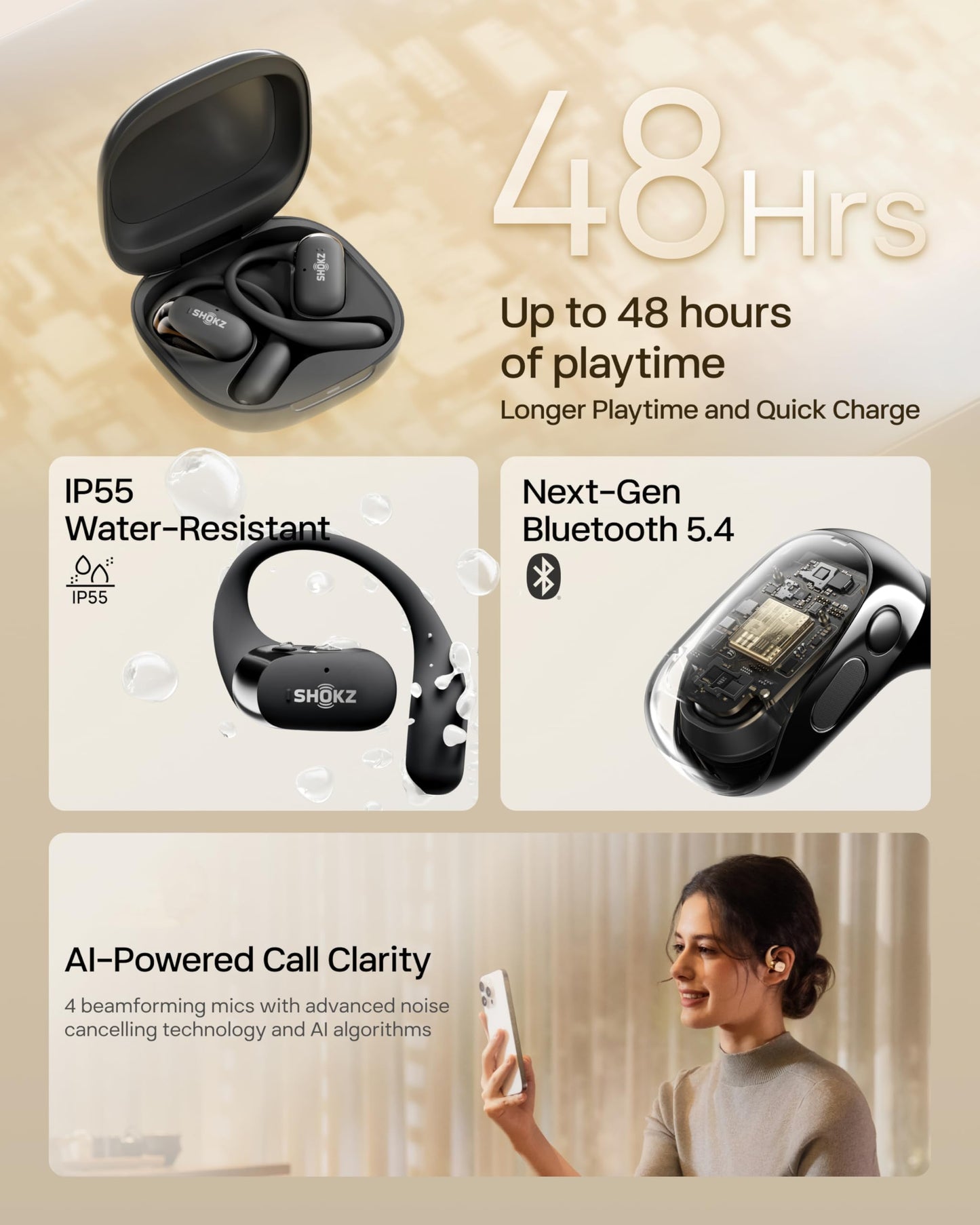 SHOKZ OpenFit 2+ Open-Ear Earbuds, Black, Dolby Audio,Wireless Charging | Soft Ear Hooks； IP55 Water-Resistant; USB-C Fast Charging；48H Playtime; Gym/outdoor/home use
