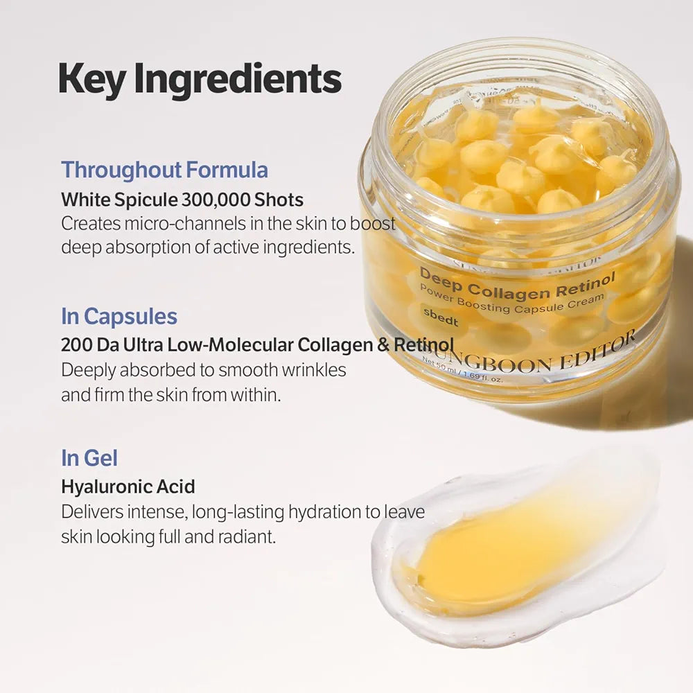 SUNGBOON EDITOR Deep Collagen Retinol Capsule Cream, Firm-Looking Moisturizer for Fine Lines & Dry Skin, with Copper Peptide, White Spicules & Adenosine, Korean Skincare, 1.69 fl oz