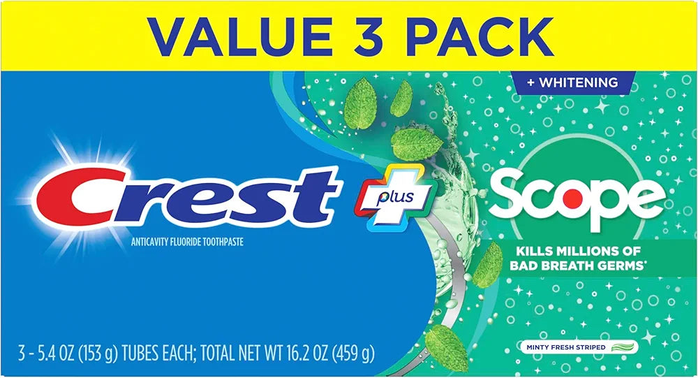 Crest + Scope Whitening Toothpaste - Pack of 3, 5.4 Oz Tubes - Anticavity Fluoride Toothpaste, Fresh Breath, Kills Germs - Tartar Protection, Enamel Protection - Minty Fresh Flavor