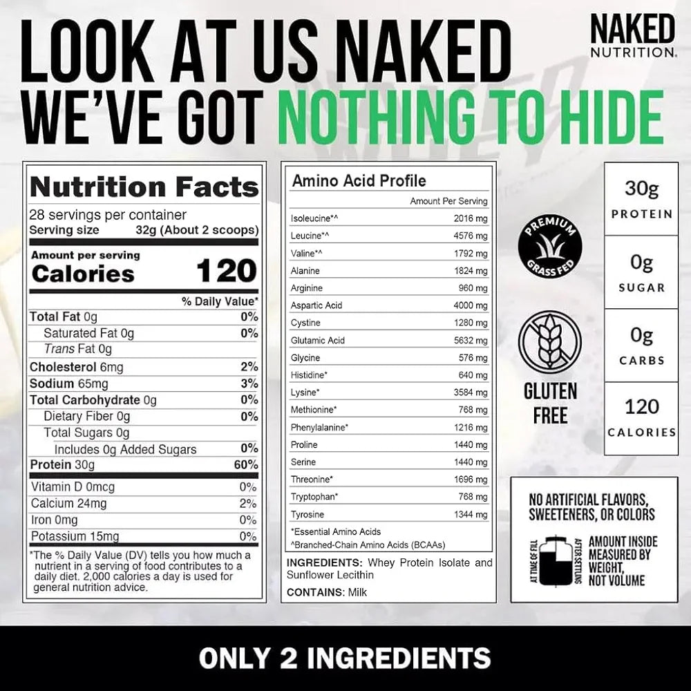 NAKED Whey Isolate Protein - Only 2 Ingredients, 30g Grass-Fed Protein, Zero Carb, Unflavored, Undenatured, Non-GMO, No Soy, Gluten-Free, No Preservatives - 28 Servings