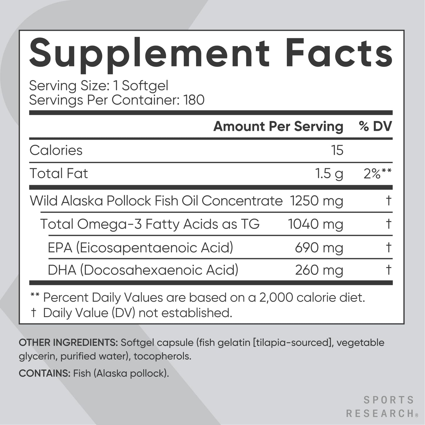 Sports Research® Omega-3 Fish Oil 1250mg from Wild Alaska Pollock, 30 Count | Always Fresh Never Fishy | 690mg EPA 260mg DHA per Softgel · Heart & Brain Health* · MSC Certified Sustainable - 30 Servings