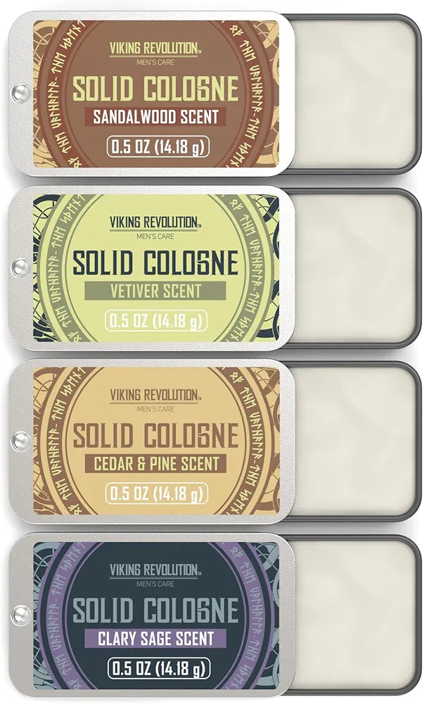 Viking Revolution 4 Pack Mens Solid Colognes 0.5 Oz - Men Solid Perfume with Cedar Wood, Clary Sage, Vetiver, Sandalwood Cologne for Mens - Travel Cologne Wax Gifts for Men