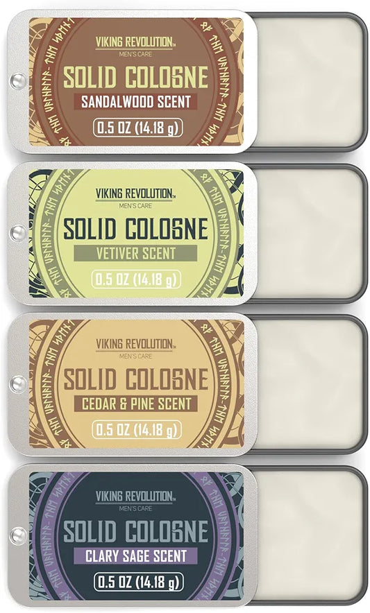Viking Revolution 4 Pack Mens Solid Colognes 0.5 Oz - Men Solid Perfume with Cedar Wood, Clary Sage, Vetiver, Sandalwood Cologne for Mens - Travel Cologne Wax Gifts for Men