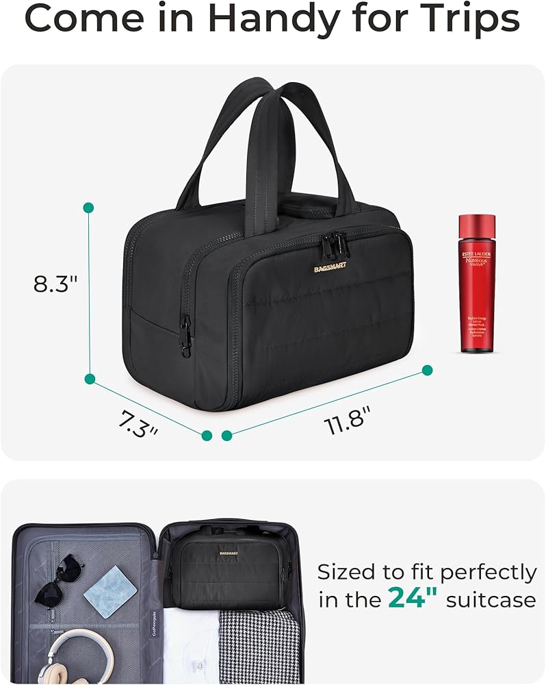 BAGSMART Large Puffy Travel Toiletry and Cosmetic Organizer Bag with Handle, Black