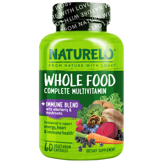 NATURELO Whole Food Multivitamin + Immune Blend with Elderberry & Mushrooms - Complete Multivitamin with Extra Immune Support - C, D3, Zinc, Elderberry, Reishi, Shitake - 60 Vegan Capsules