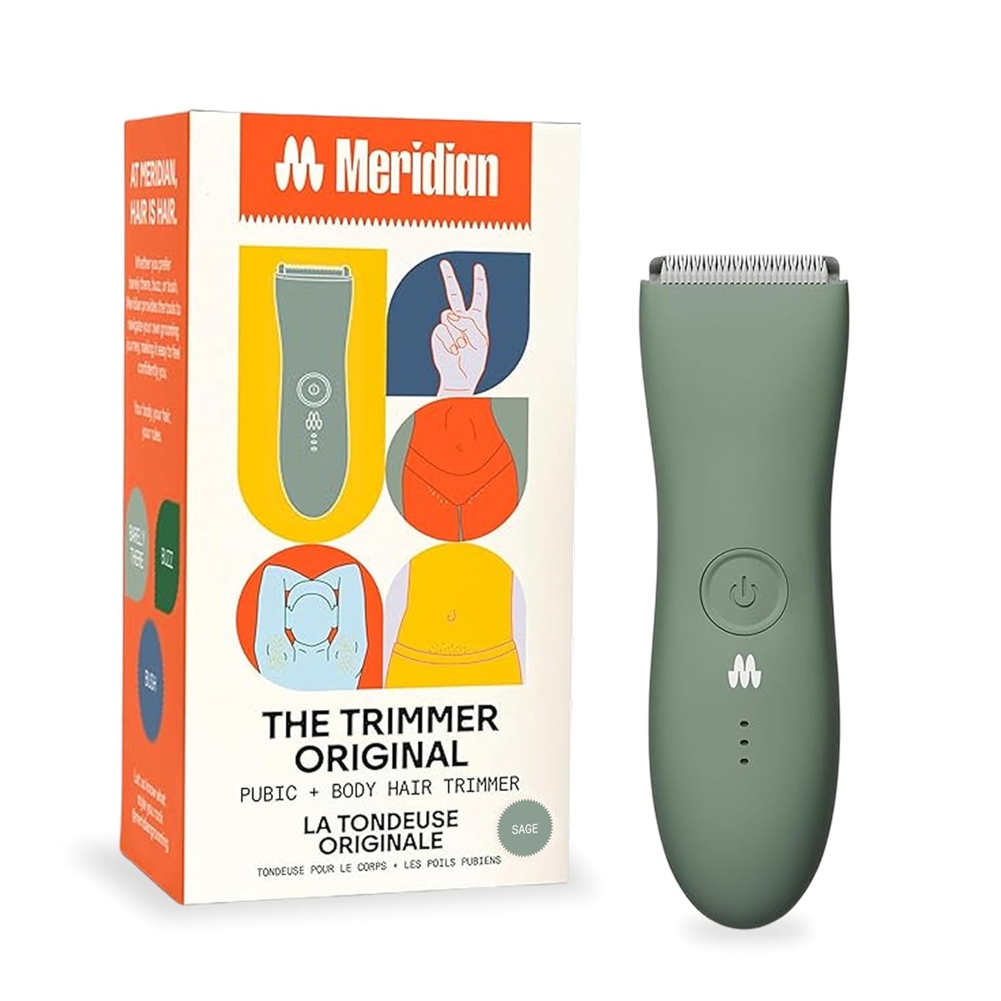 MERIDIAN The Trimmer Original | Body Hair Trimmer for Men & Women | Sage | Rechargeable and Waterproof Shaver for Pubic Area, Chest, Back, Underarms and Bikini Line, with 2 Guide Combs Included