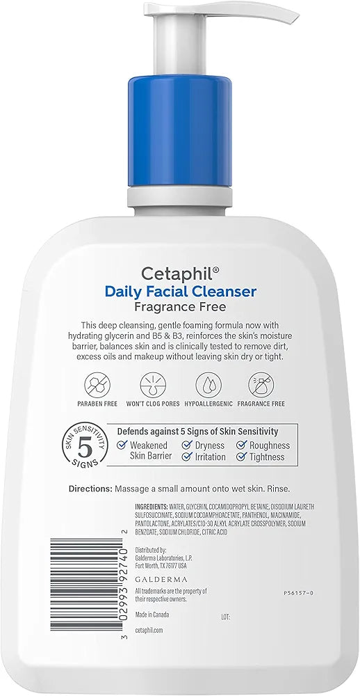 Cetaphil Face Wash, Daily Facial Cleanser for Sensitive, Combination to Oily Skin, 16 Oz, Fragrance Free, Gentle Foaming, Soap Free, Hypoallergenic