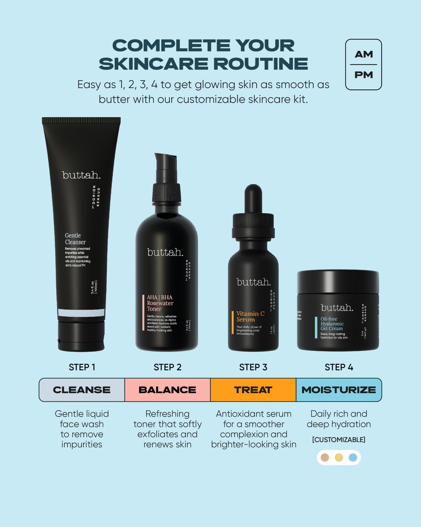 Buttah Skin Supreme Kit for Melanin Rich Skin | CocoShea Revitalizing Cream 2 oz | Vitamin C Serum 1 oz | Cleanser 3.4 oz | Rosewater Toner 3.4 oz | Black Owned Skincare