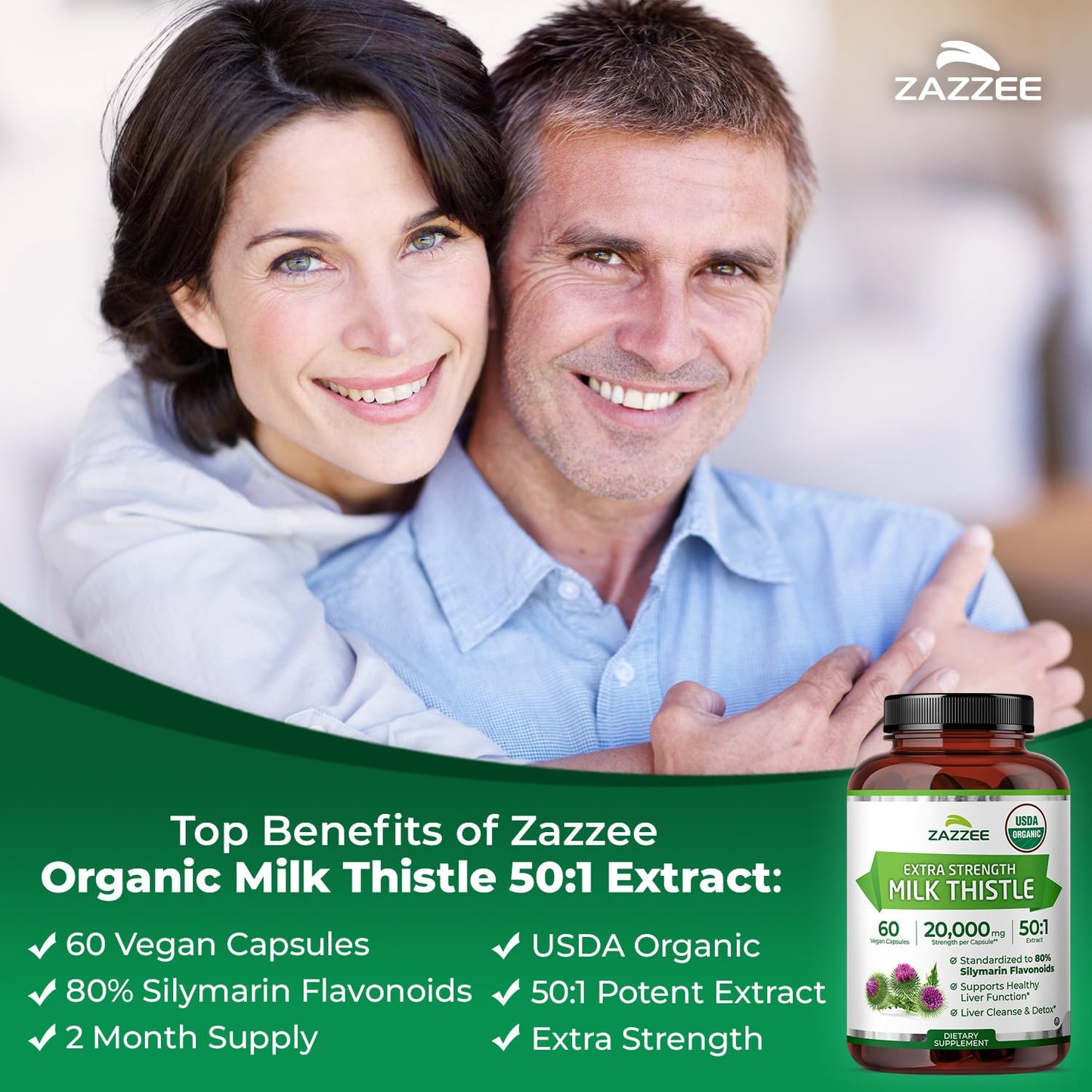 Zazzee USDA Organic Milk Thistle 50:1 Extract, 80% Silymarin Flavonoids, 200 Vegan Capsules, 6+ Month Supply, Silybum Marianum, Liver Support & Detox Support, Organic All-Natural, Non-GMO, Made in USA