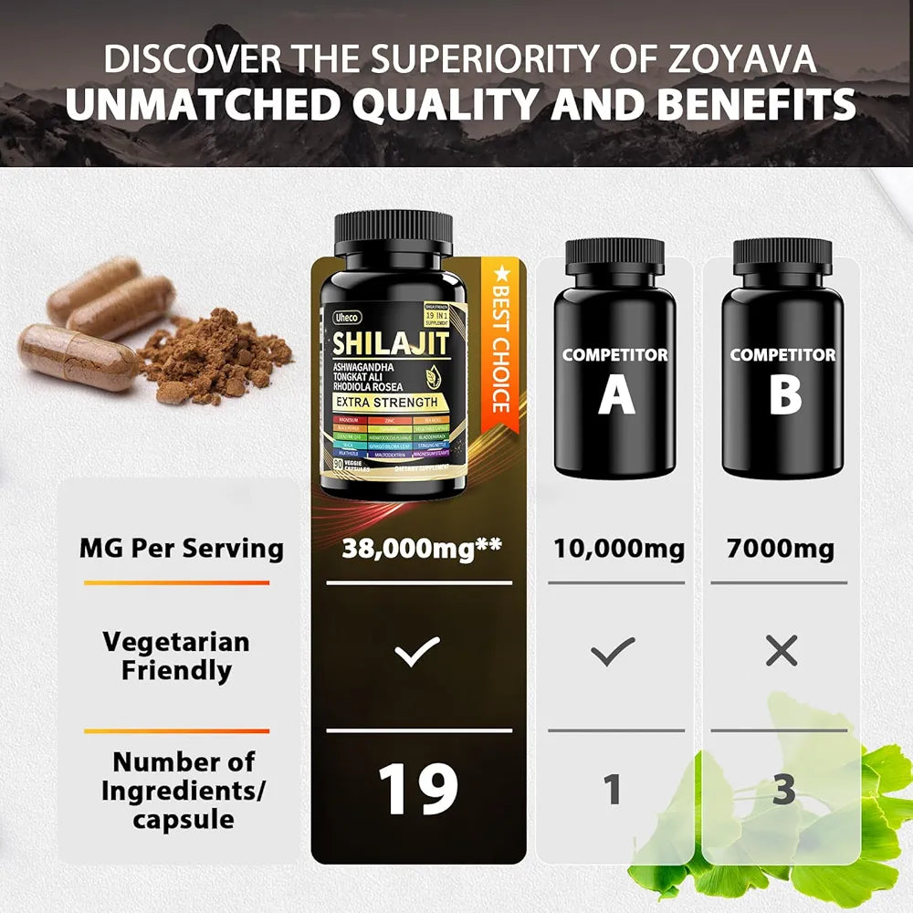 Shilajit Capsules, 19-in-1 Supplement with Sea Moss, Ashwagandha, Tongkat Ali & Fulvic Acid, Natural Mineral Wellness Supplement, Gluten Free, Non-GMO, 90 Capsules