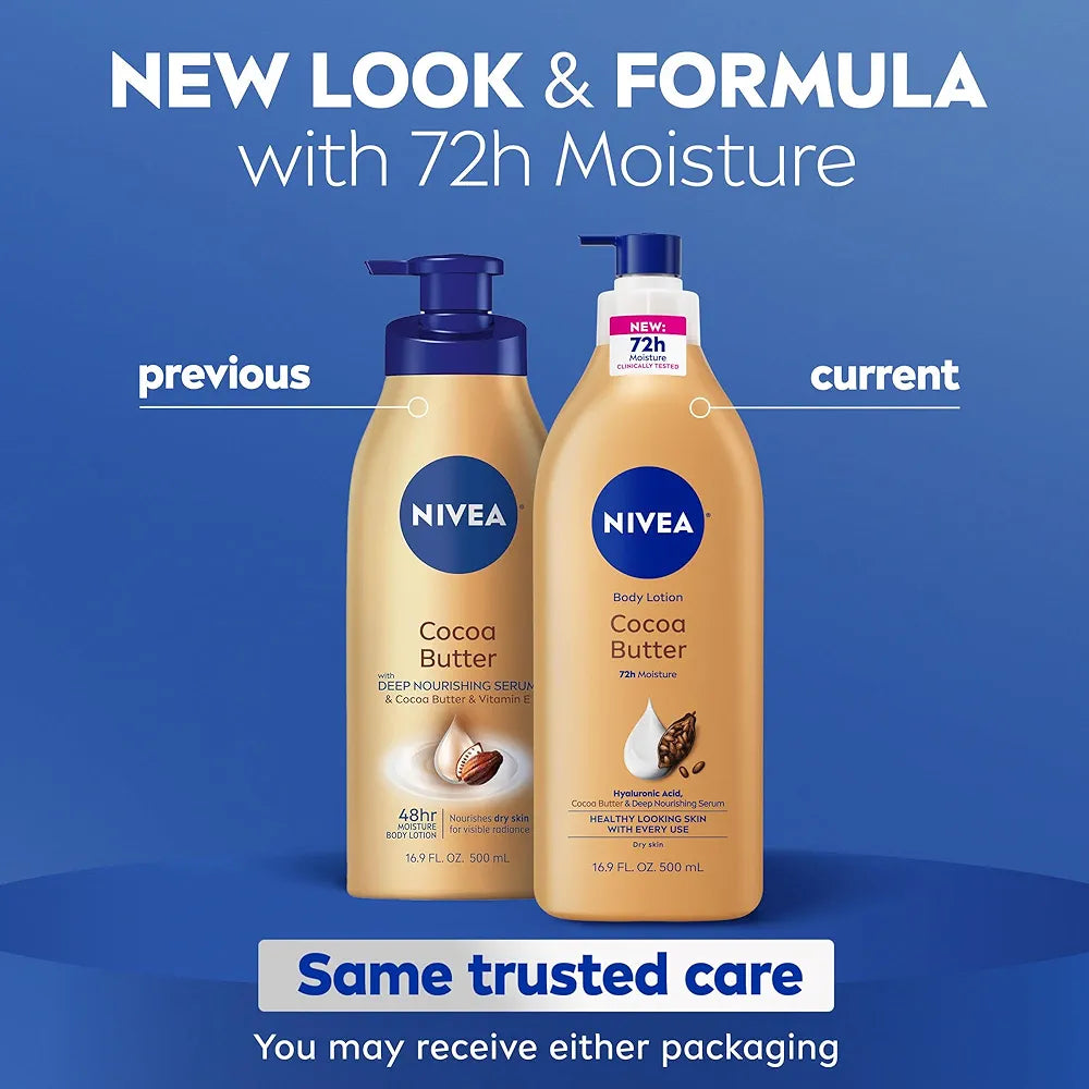 NIVEA Cocoa Butter Body Lotion for Dry Skin with Hyaluronic Acid and Deep Nourishing Serum, 72-Hour Moisturizing Formula, 16.9 Fl Oz Pump Bottle