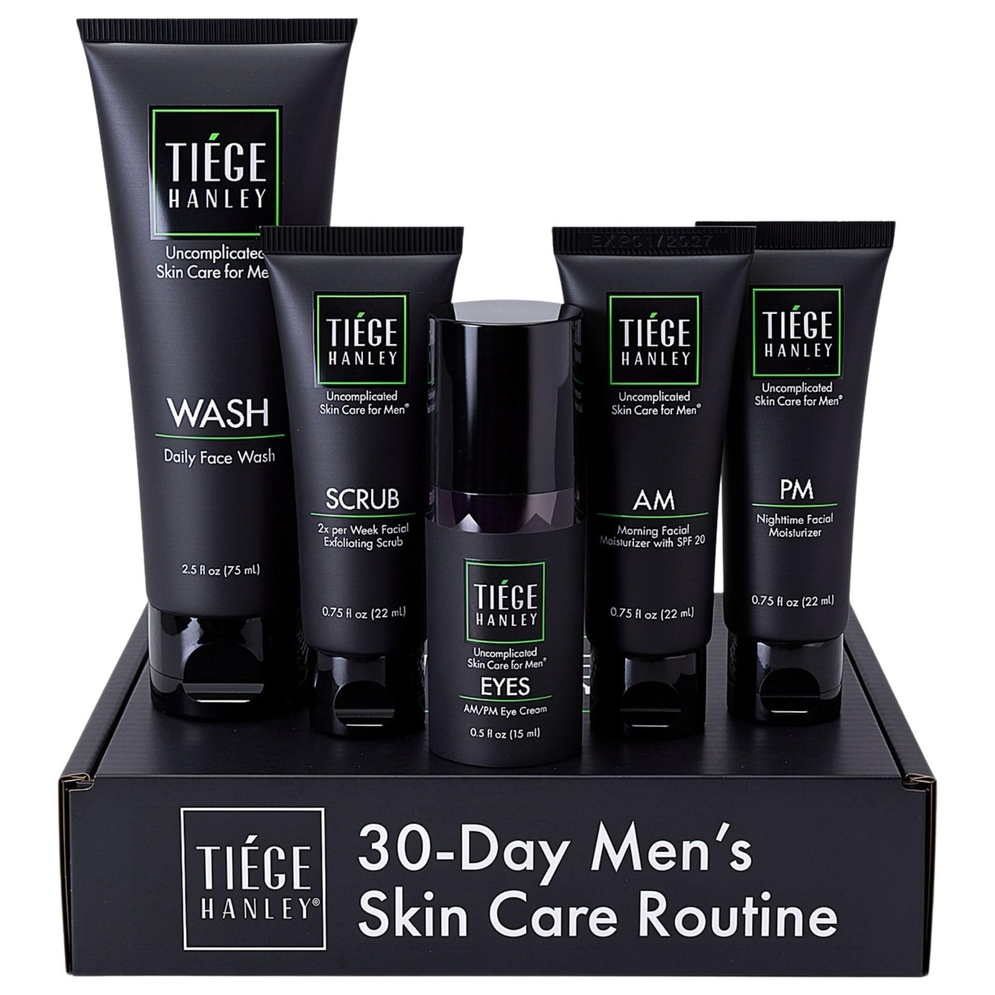 Tiege Hanley Essential Men's Skin Care Set, 30-Day, 4 Piece Kit | Level 1 Essential Routine, Daily Face Wash, Facial Scrub, AM SPF & PM Moisturizers