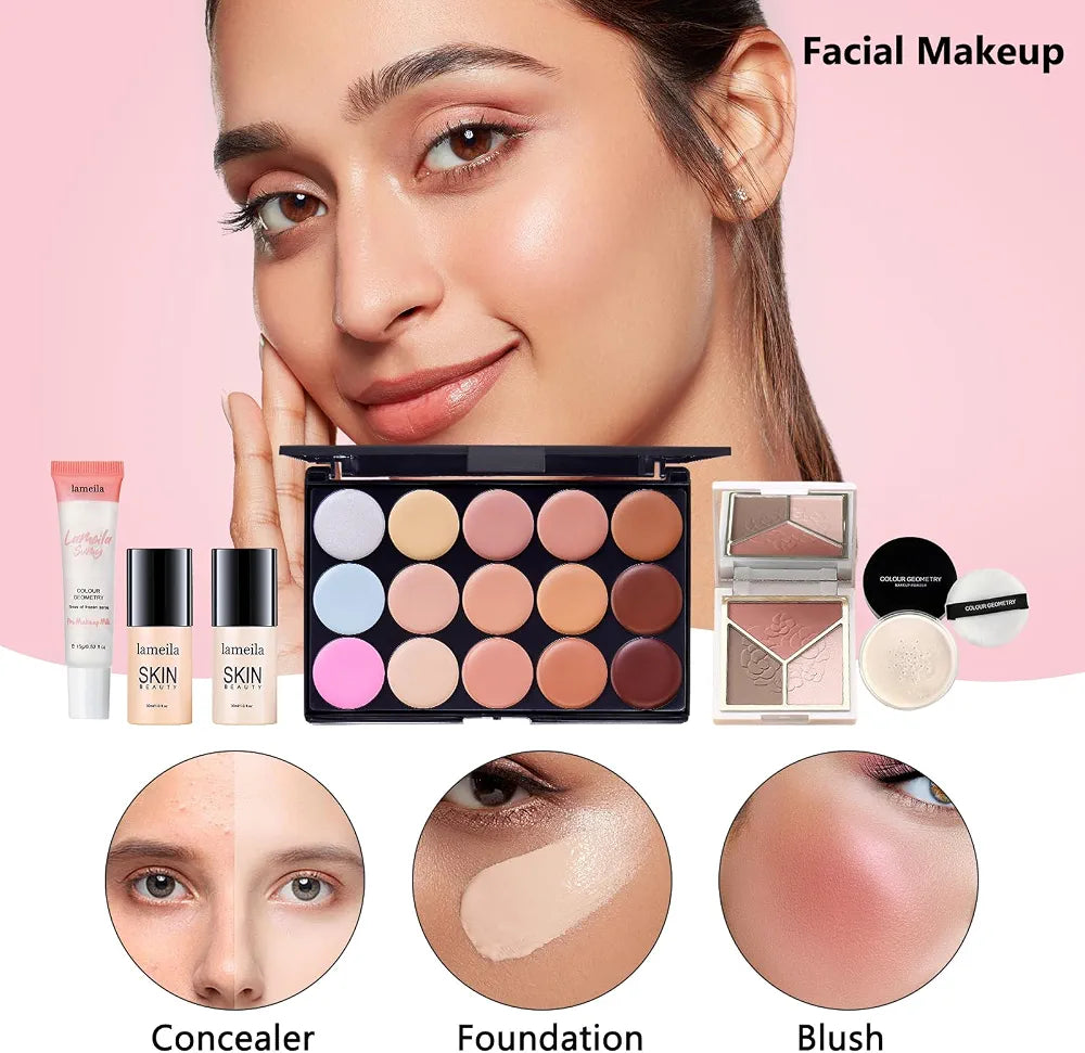 Professional All-in-One Makeup Kit: Complete Cosmetic Gift Set with Foundation, Eyeshadow, Lipstick, and Brushes