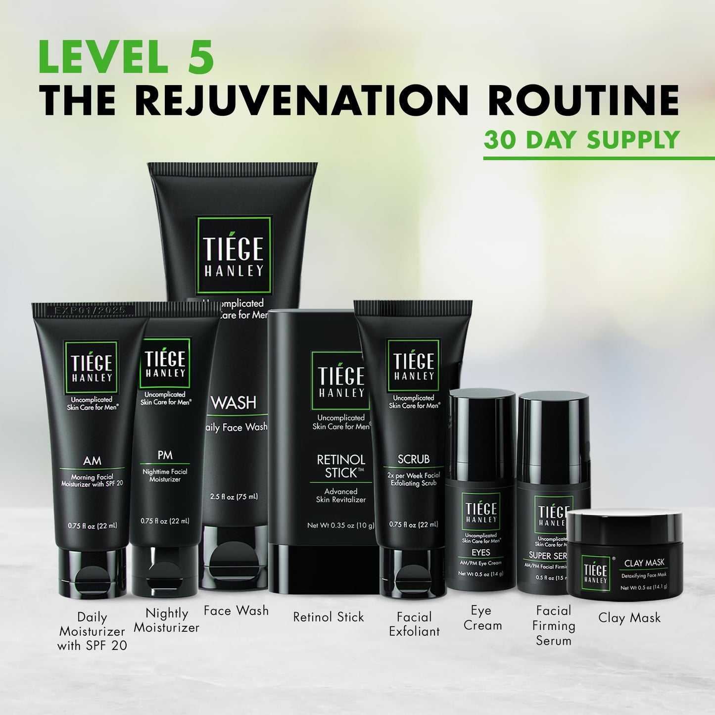 Tiege Hanley Essential Men's Skin Care Set, 30-Day, 4 Piece Kit | Level 1 Essential Routine, Daily Face Wash, Facial Scrub, AM SPF & PM Moisturizers