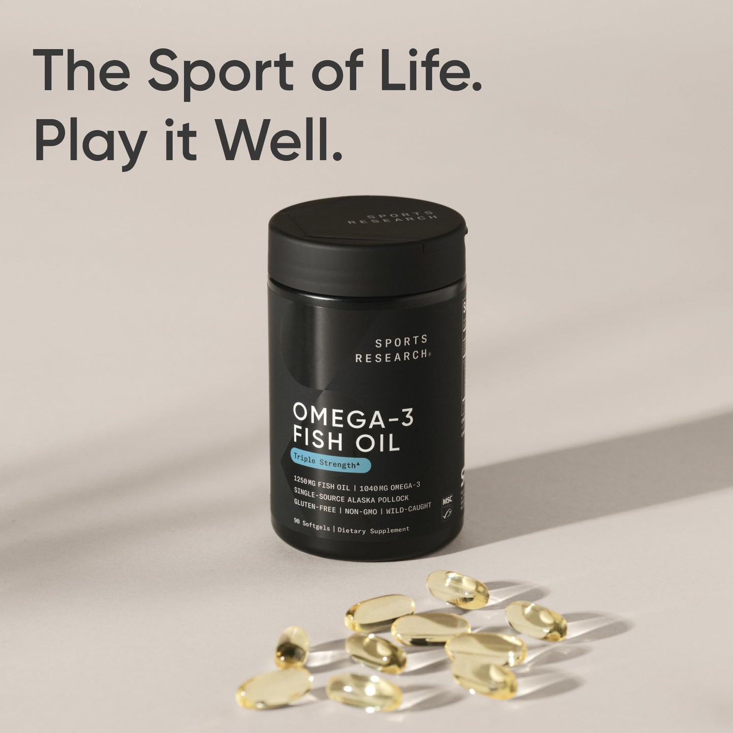 Sports Research® Omega-3 Fish Oil 1250mg from Wild Alaska Pollock, 30 Count | Always Fresh Never Fishy | 690mg EPA 260mg DHA per Softgel · Heart & Brain Health* · MSC Certified Sustainable - 30 Servings