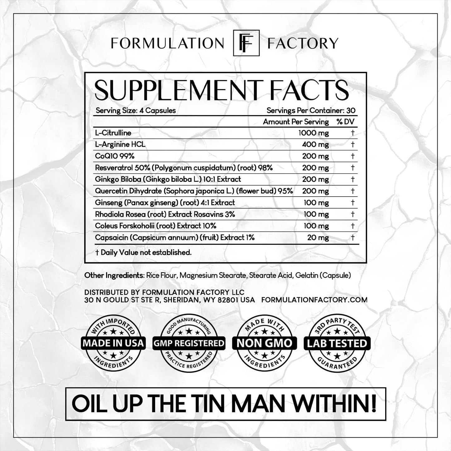Formulation Factory Heart of Steel Nitric Oxide Supplements for Men & Women, Nitric Oxide Booster for Blood Flow & Circulation with L-Citrulline 1000mg, L-Arginine, CoQ10 & Resveratrol - 120 Capsules