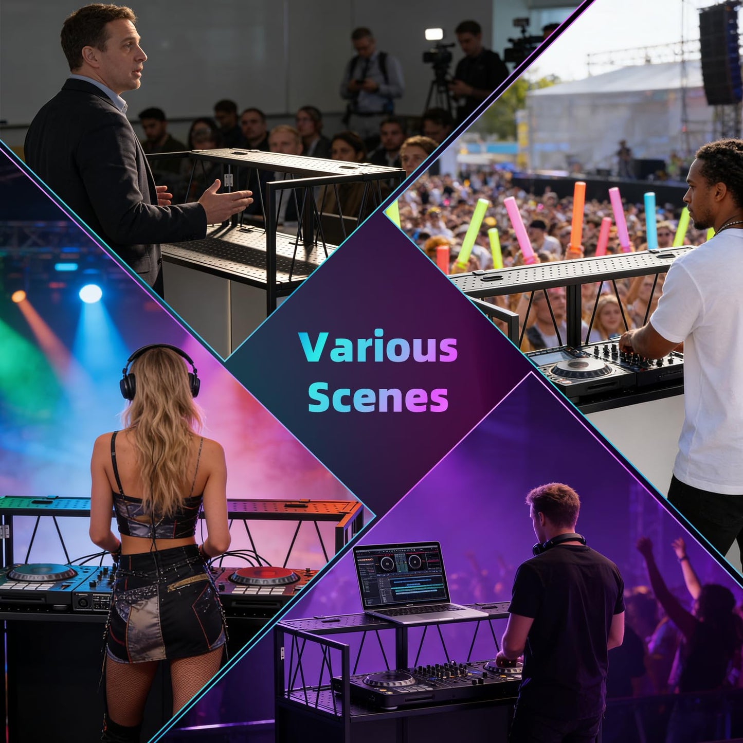 Portable DJ Booth Facade Stand, DJ Table Stand, DJ Facade Booth with White & Black Scrims, Includes Carry Bag & Two Top Corners Table, Tool-Free Setup, for Parties, Events, Studios (40"L x 20"W)