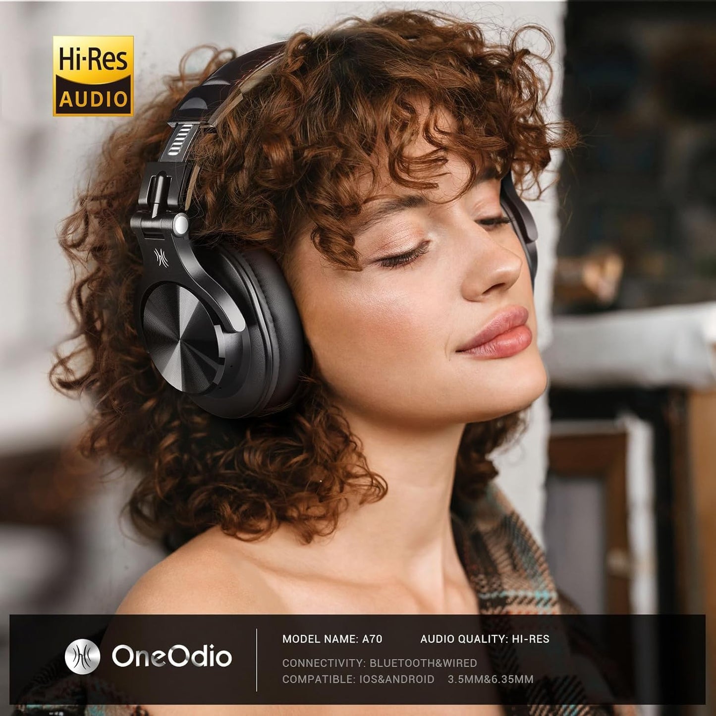 OneOdio A70 Bluetooth Over-Ear Headphones, Hi-Res Wired DJ Studio - Black | Wireless over-ear headphones with 72H playtime, 3.5mm/6.35mm wired jacks for studio monitoring, mixing, guitar, amp and PC