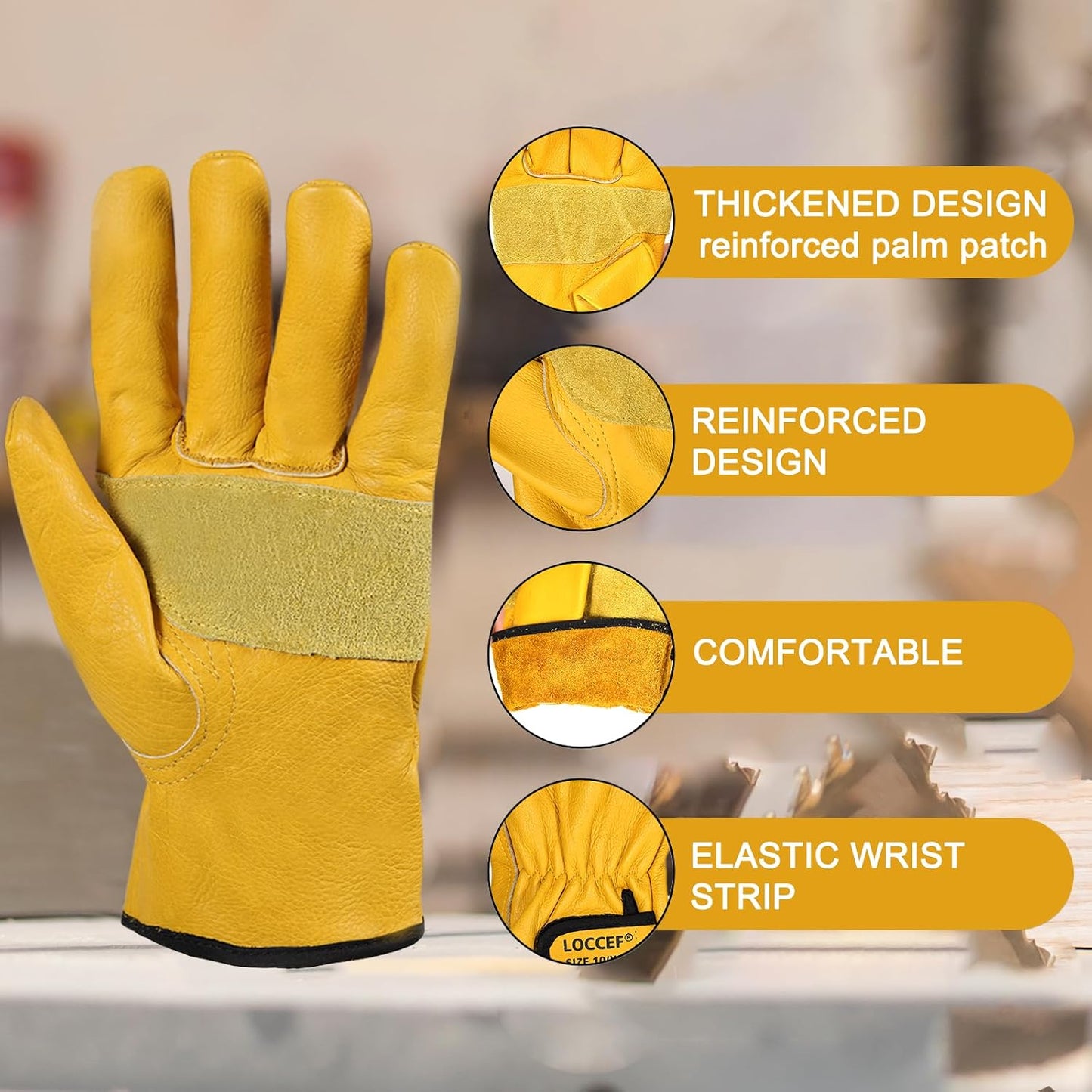 2 Pairs Leather Work Gloves for Men Women Cowhide Utility | Elastic snug wrist cuff, touchscreen, tear resistant, for mechanics, construction, trucking, landscaping, warehouse
