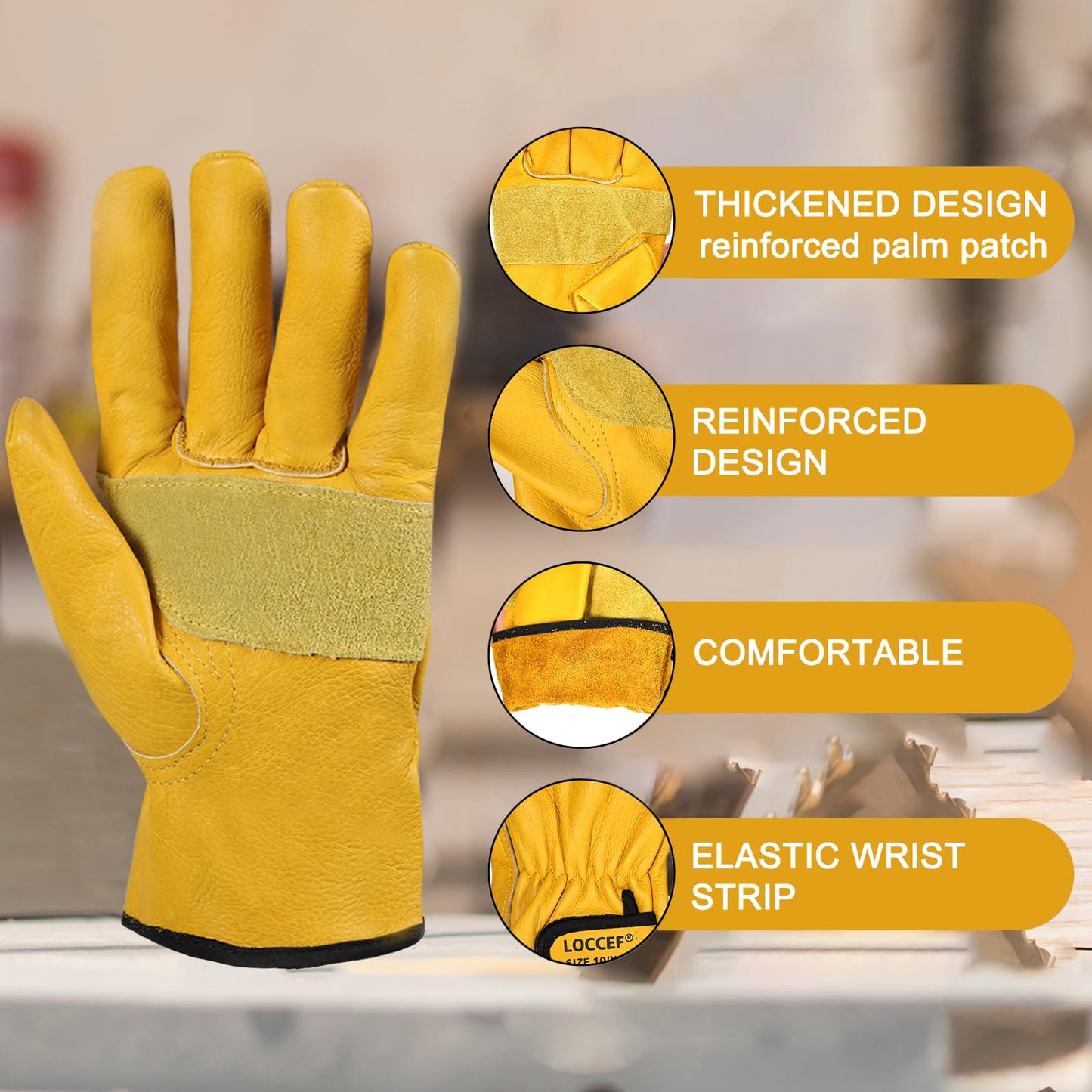 2 Pairs Leather Work Gloves for Men Women Cowhide Utility | Elastic snug wrist cuff, touchscreen, tear resistant, for mechanics, construction, trucking, landscaping, warehouse