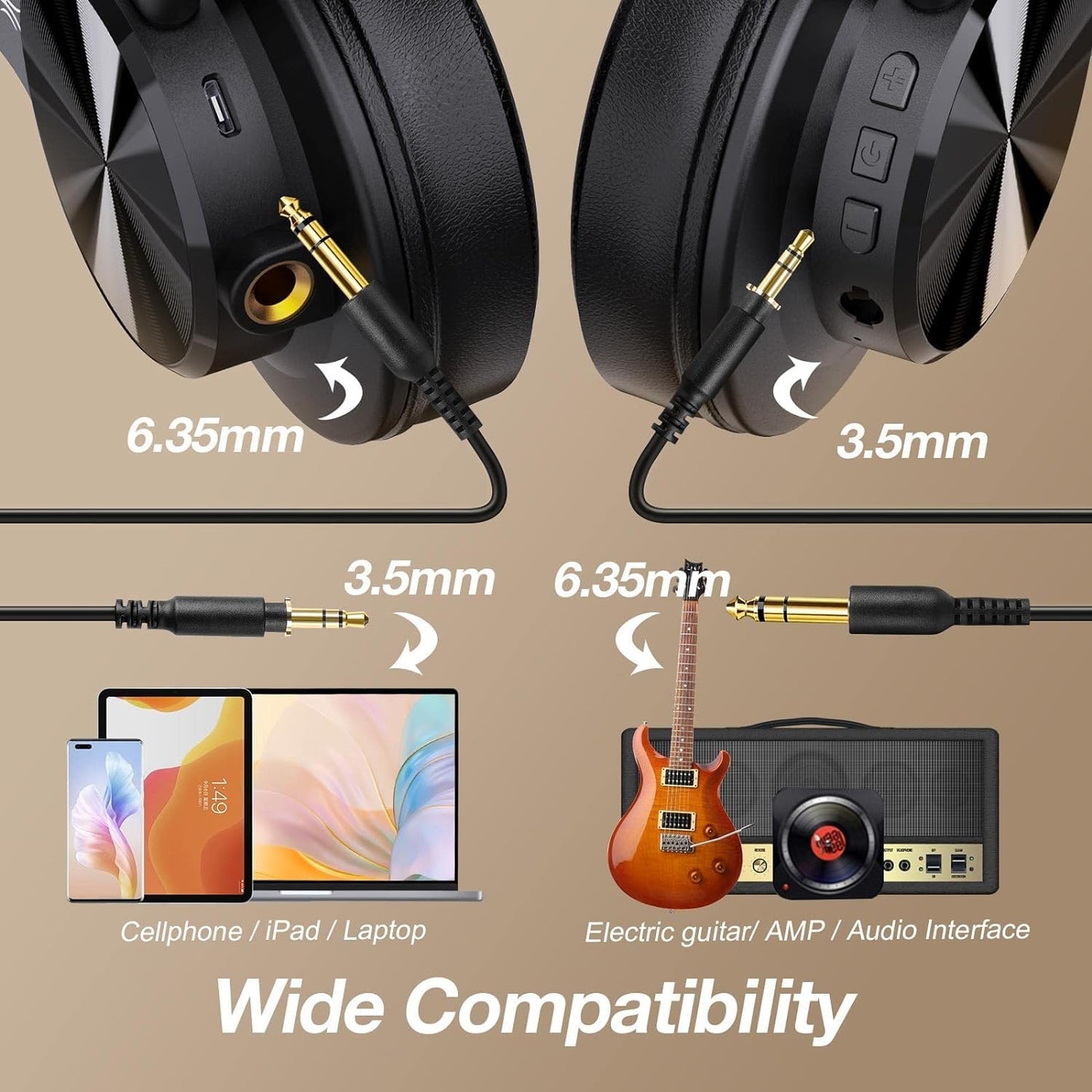 OneOdio A70 Bluetooth Over-Ear Headphones, Hi-Res Wired DJ Studio - Black | Wireless over-ear headphones with 72H playtime, 3.5mm/6.35mm wired jacks for studio monitoring, mixing, guitar, amp and PC