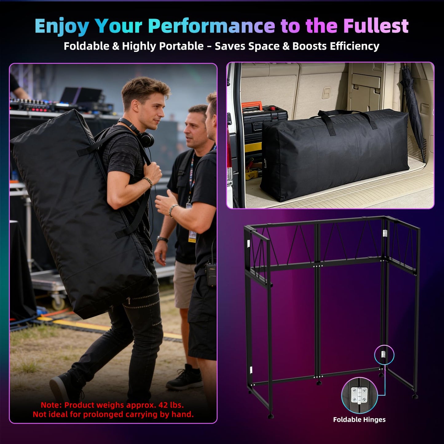 Portable DJ Booth Facade Stand, DJ Table Stand, DJ Facade Booth with White & Black Scrims, Includes Carry Bag & Two Top Corners Table, Tool-Free Setup, for Parties, Events, Studios (40"L x 20"W)