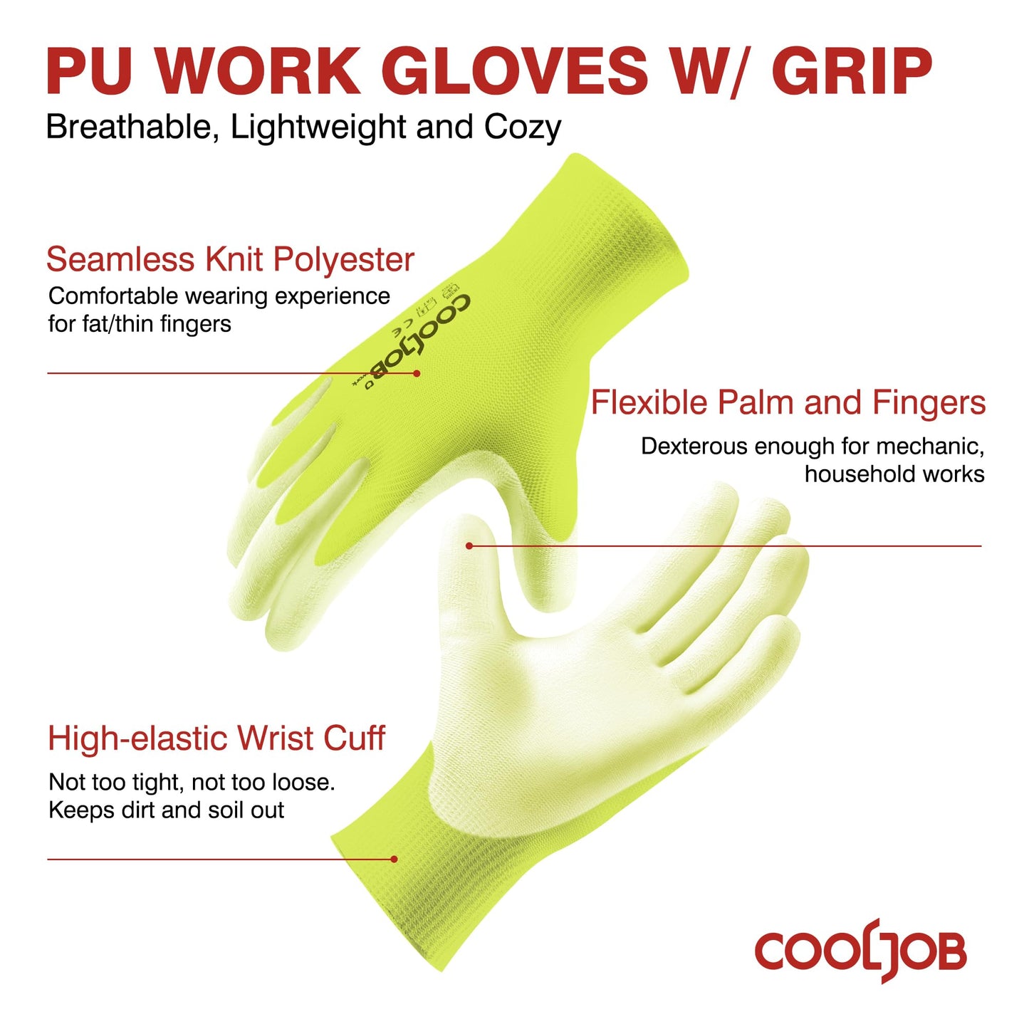COOLJOB 12/60 Pairs Safety Work Gloves Pack Bulk with Grip PU Coating | Breathable Lightweight Gloves with Polyurethane Dipped for Men Women, 13 Gauge Seamless Knit Thin Gloves, Blue Large