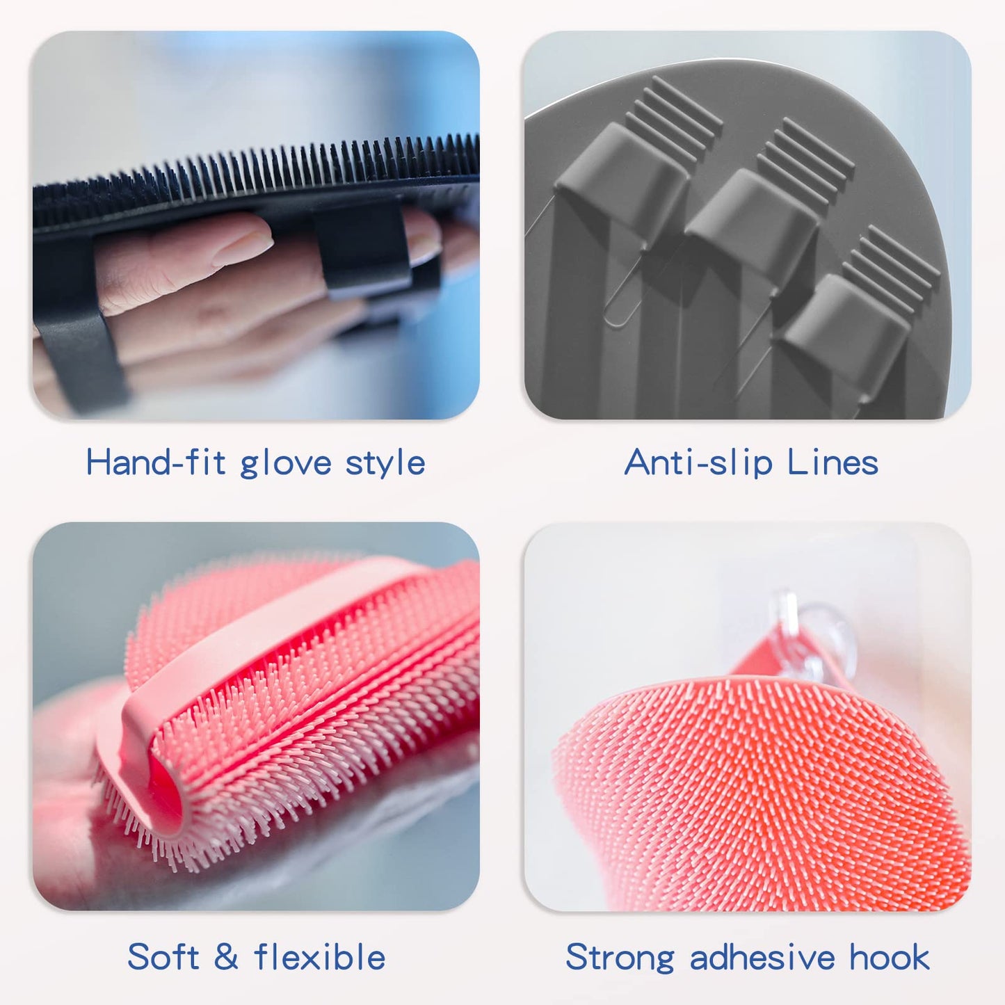 Manmihealth Silicone Back Scrubber(Thick Bristles) & Soft Bath Glove Set, Super-Exfoliating Body Scrubber & Super-Lathering Shower Brush Combination, with a Free Hook.(Black)