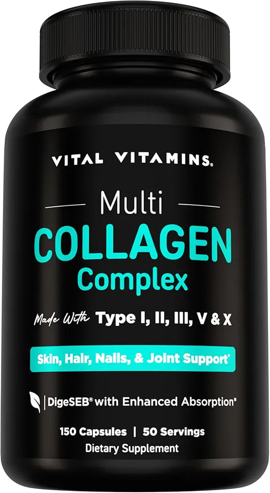 Vital Vitamins Multi Collagen Peptides Capsules for Women & Men - Type I, II, III, V, X Collagen Supplements - Grass-Fed, Non-GMO - 150 Pills