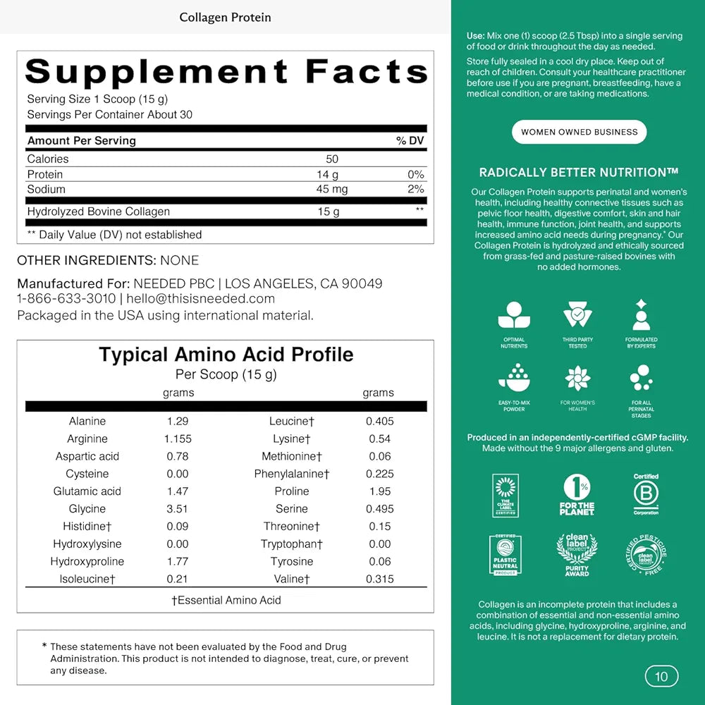 Needed. Hydrolyzed Collagen Protein Powder | Expert-Backed & Clean Sourced | Supports Skin, Hair, Joints | Grass-fed, Pasture-Raised, Hormone-Free | 1lb