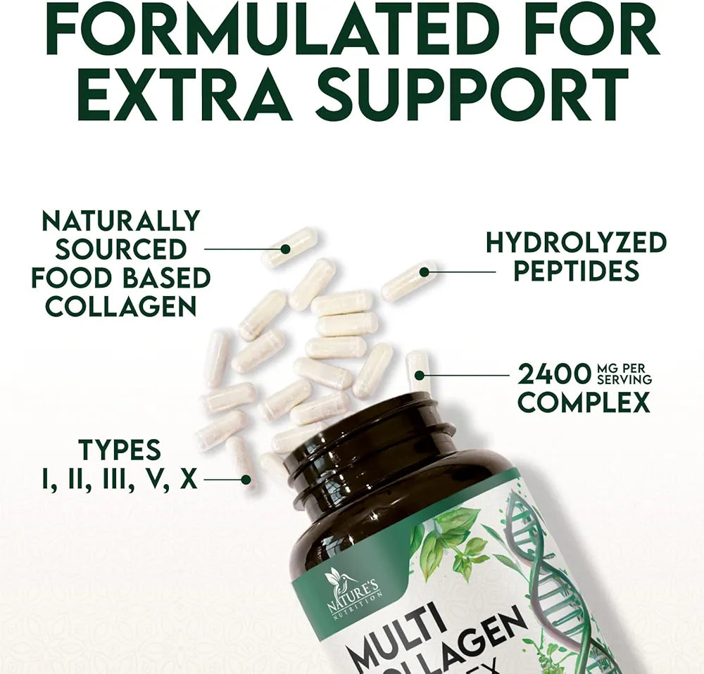 Multi Collagen Pills - Hydrolyzed Collagen Peptides Capsules for Women & Men - Types I, II, III, V, X Multi Collagen Complex - Hair, Skin & Nails Support Supplement - Bottled in the USA - 120 Capsules