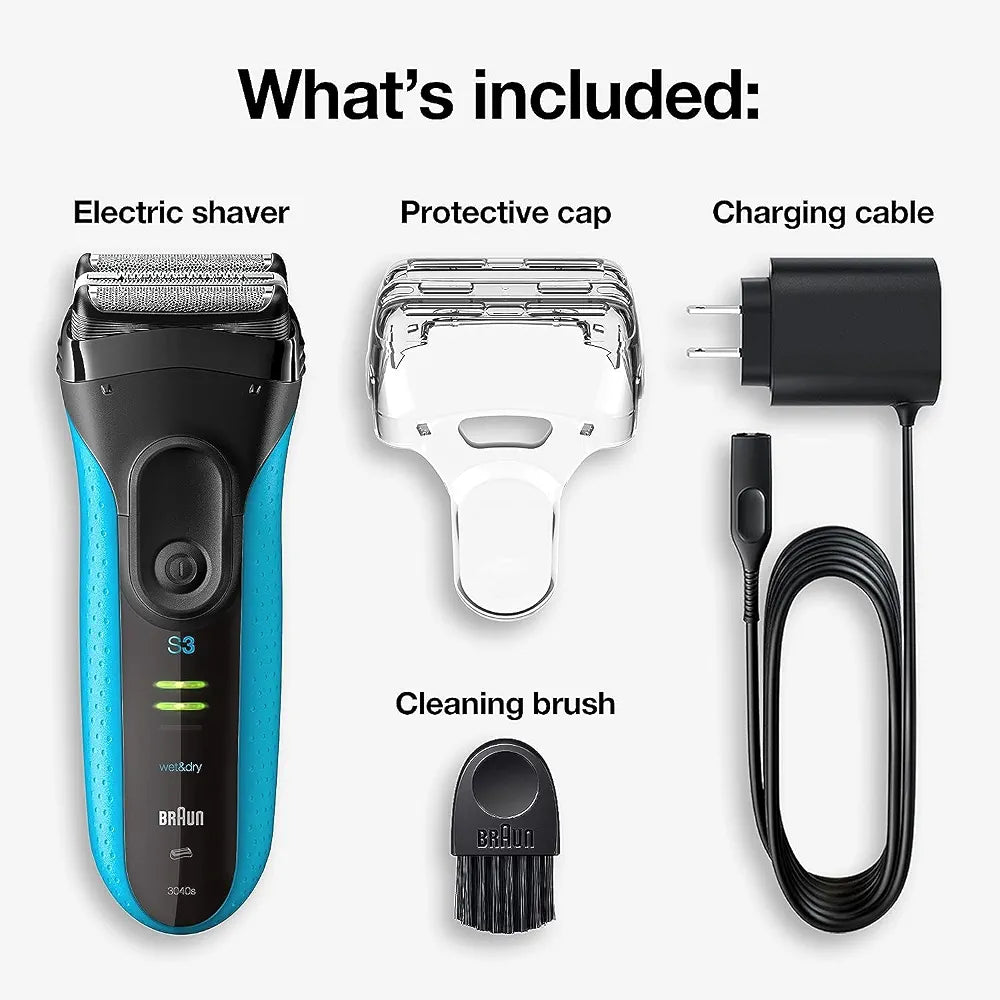 Braun Series 3 Electric Foil Shaver for Men with Precision Trimmer, Rechargeable Wet & Dry Use, Blue/Black, 4-Piece Set