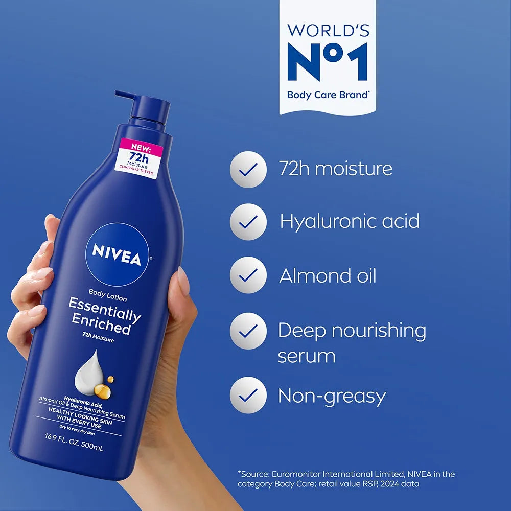 NIVEA Essentially Enriched Body Lotion for Very Dry Skin, 72-Hour Deep Nourishing Moisturizer with Hyaluronic Acid & Almond Oil, 16.9 Fl Oz Pump Bottle, 2-Pack