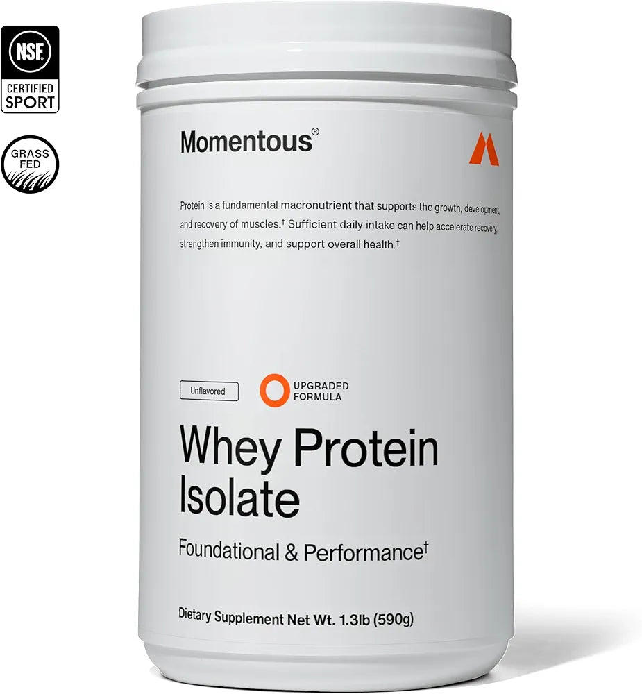 Momentous Essential Grass-Fed Whey Protein Powder - 20 g Whey Isolate Protein - NSF Certified for Sport - Gluten-Free - 25 Servings for Essential Everyday Use - Unflavored - Package May Vary