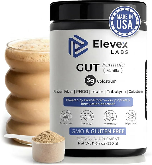 Gut Health Supplement Powder – Digestive Health Formula with Colostrum, Tributyrin & PHGG Prebiotics for Gut Health, Gut Lining, Gut-Brain & Bloating Relief for Women & Men – 30 Servings