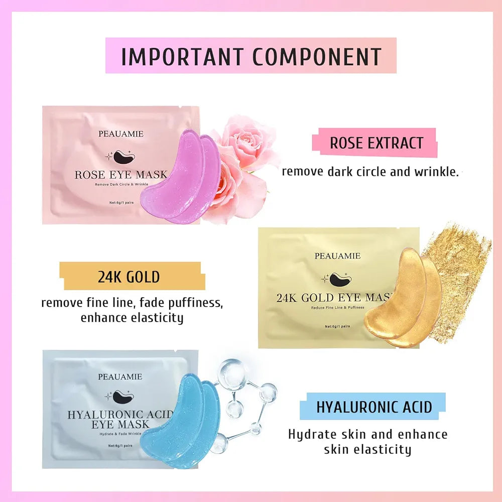 PEAUAMIE 24K Gold and Hyaluronic Acid Under Eye Patches for Dark Circles, Puffiness, and Wrinkles - 30 Pairs