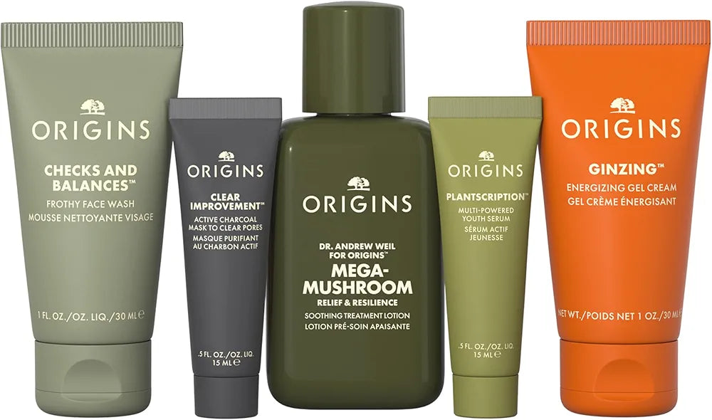Origins Ultimate Skincare Essentials Set: Cleanser, Mask, Treatment Lotion, Serum, and Moisturizer with Peptides, Hyaluronic Acid, and Niacinamide