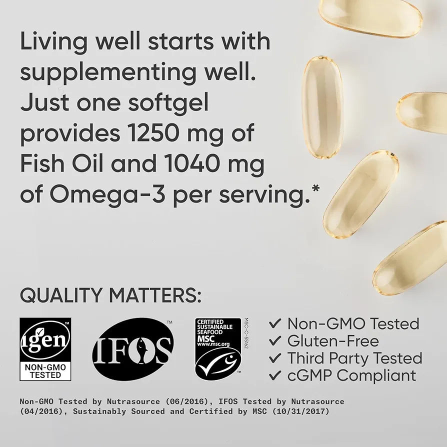 Sports Research Triple Strength Omega 3 Fish Oil 1250mg from Wild Alaskan Pollock - Burpless Fish Oil Supplement with Omega-3 EPA & DHA - Sustainably Sourced, Non-GMO, Gluten Free - 30 Softgels