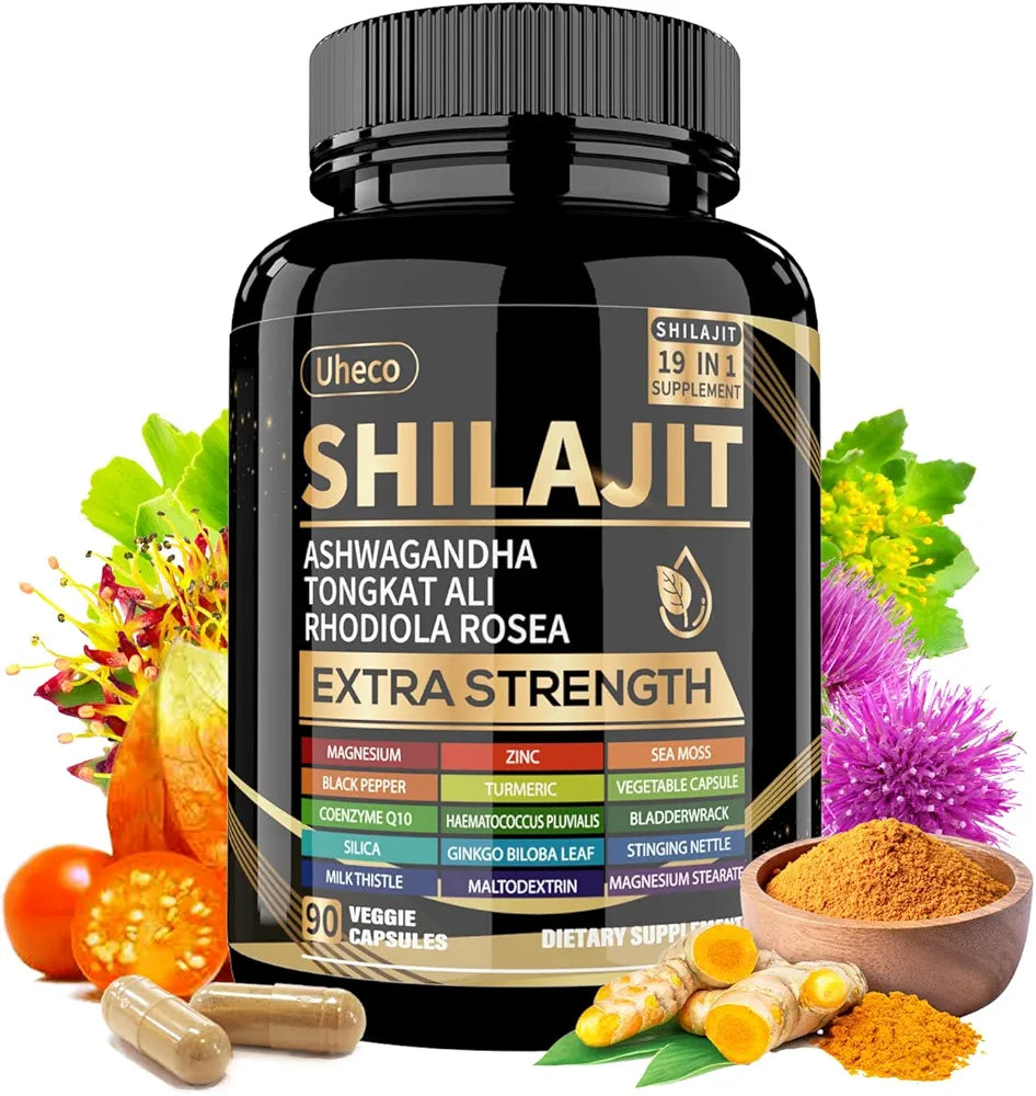 Shilajit Capsules, 19-in-1 Supplement with Sea Moss, Ashwagandha, Tongkat Ali & Fulvic Acid, Natural Mineral Wellness Supplement, Gluten Free, Non-GMO, 90 Capsules