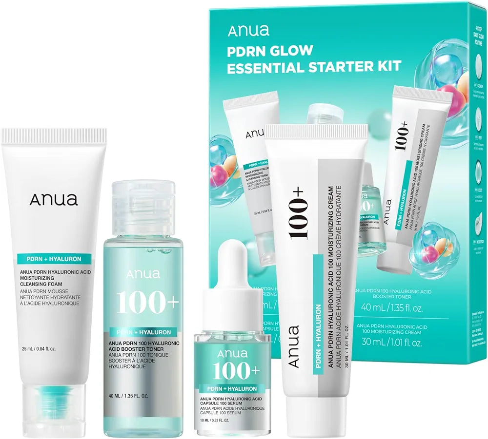 Anua Salmon DNA PDRN Glow Essential Starter Kit, Hyaluronic Acid Skincare Set, Glass Skin Routine with Firming & Hydrating Cleanser, Toner, Serum & Cream, Mini Travel Essentials, Korean Skincare Gift