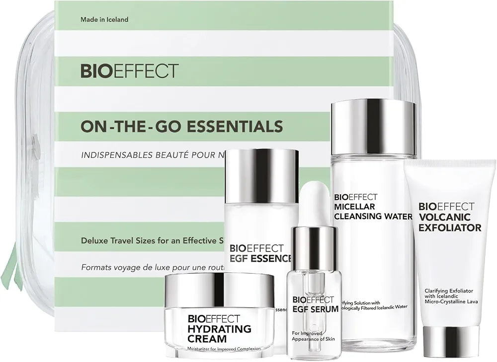 BIOEFFECT EGF Age-Defying Skincare Travel Set: Serum, Hydrating Cream, Essence Toner, Micellar Cleanser & Volcanic Exfoliator