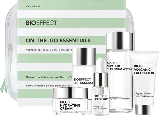 BIOEFFECT EGF Age-Defying Skincare Travel Set: Serum, Hydrating Cream, Essence Toner, Micellar Cleanser & Volcanic Exfoliator